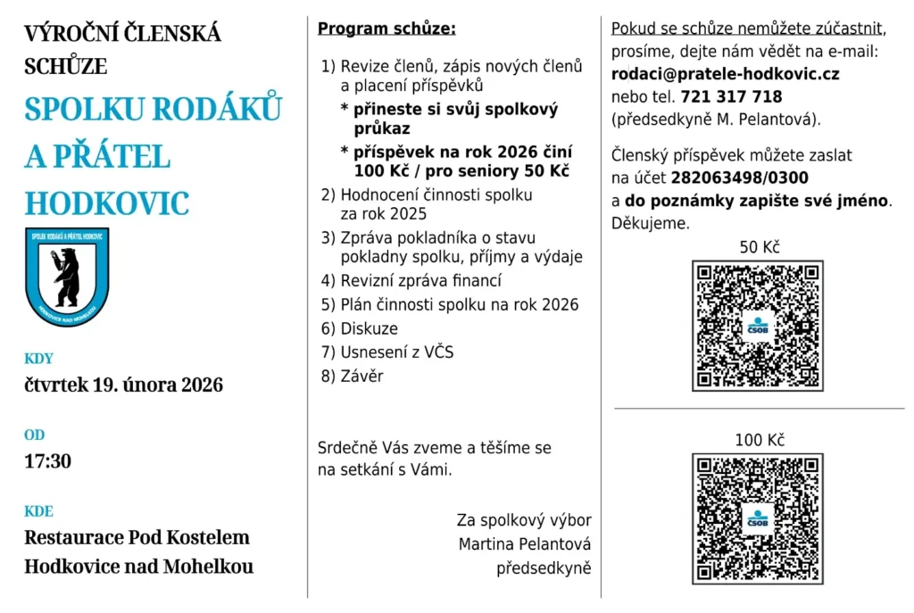 Pozvánka na výroční členskou schůzi Spolku rodáků a přátel Hodkovic 19.2.2026